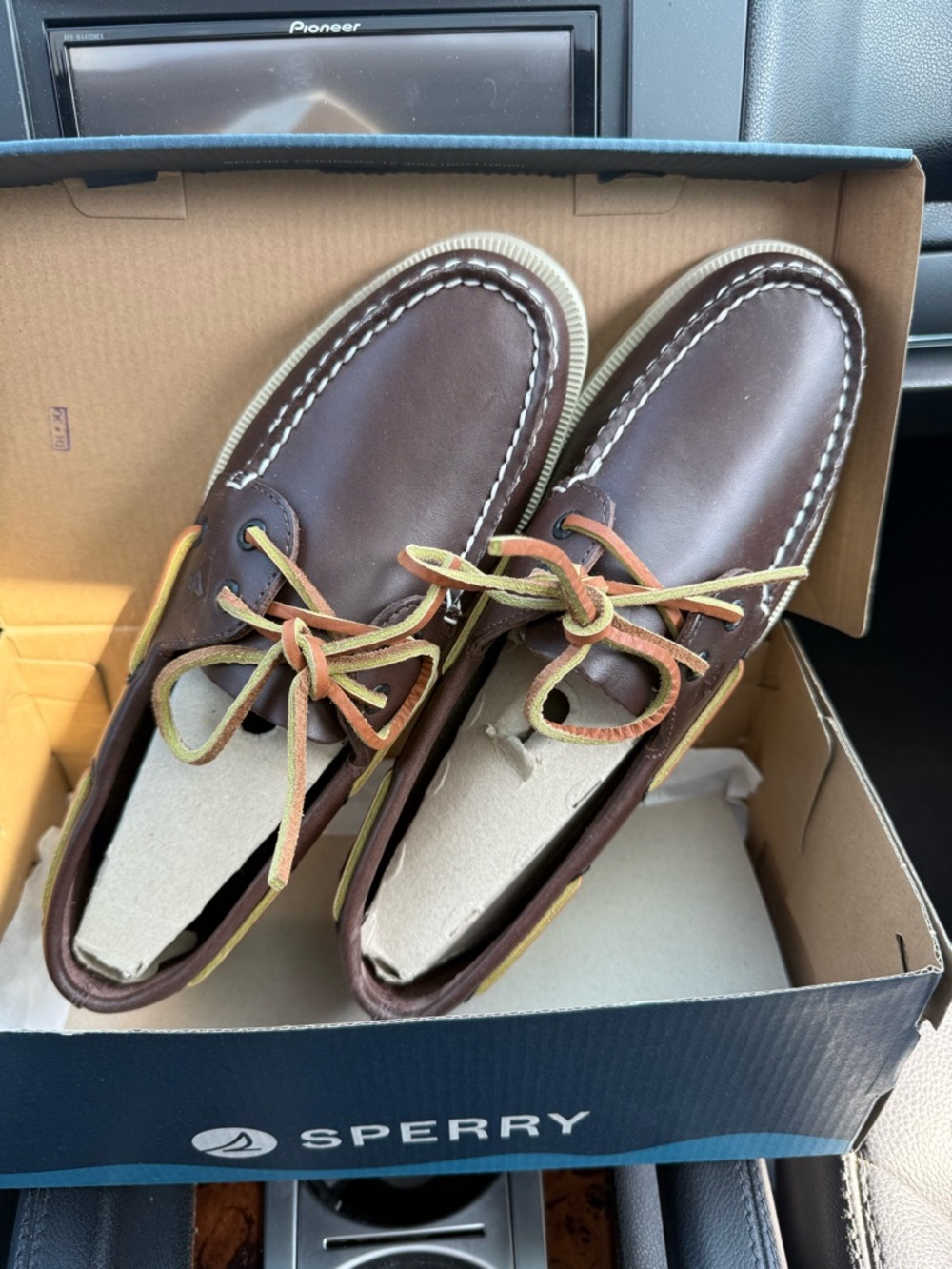 Sperry Men’s Dark Brown Leather Boat Shoes with Tan Laces